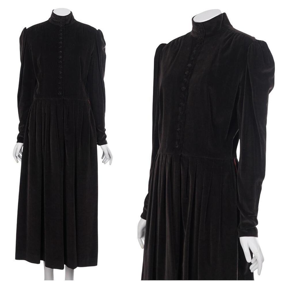 Ralph Lauren Vintage Dress 12 Brown Velvet High Neck Puff Sleeve Victorian Maxi